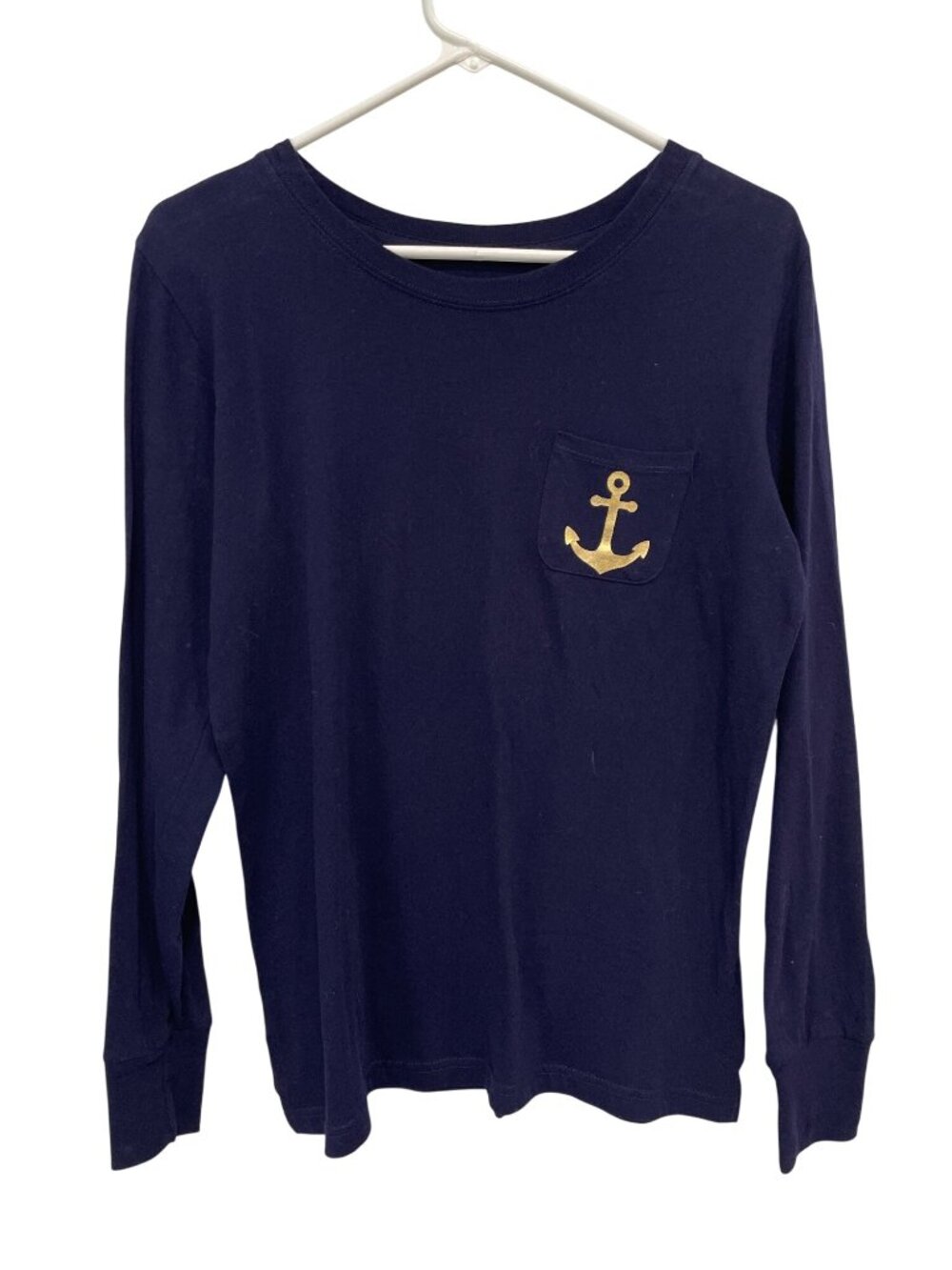 Lakegirl Pocket Tee Small Crewneck Long Sleeve Cotton Top Navy Blue Gold Anchor